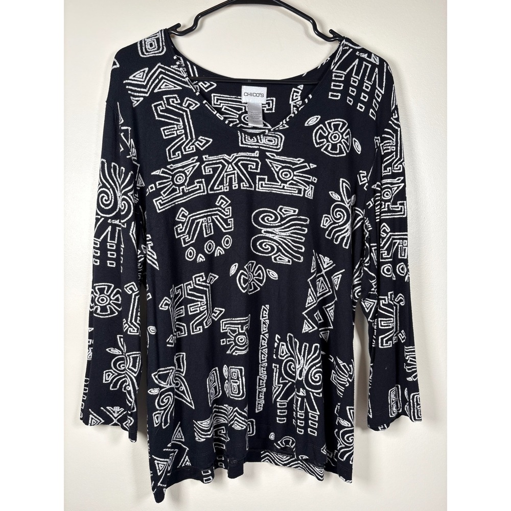 Chicos Womens Size 3 XL Black White Tribal Geometric Aztec V-Neck 3/4 Sleeve Top